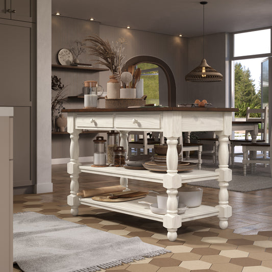 Wood Kitchen Island 2 Drawers 2 Shelf White Distressed | Furniture Dash