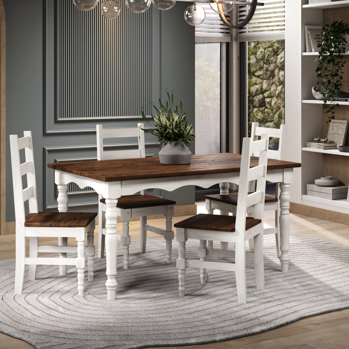 Wood Dining Set Table and 4 Chairs Harvest White Distressed | Furniture Dash