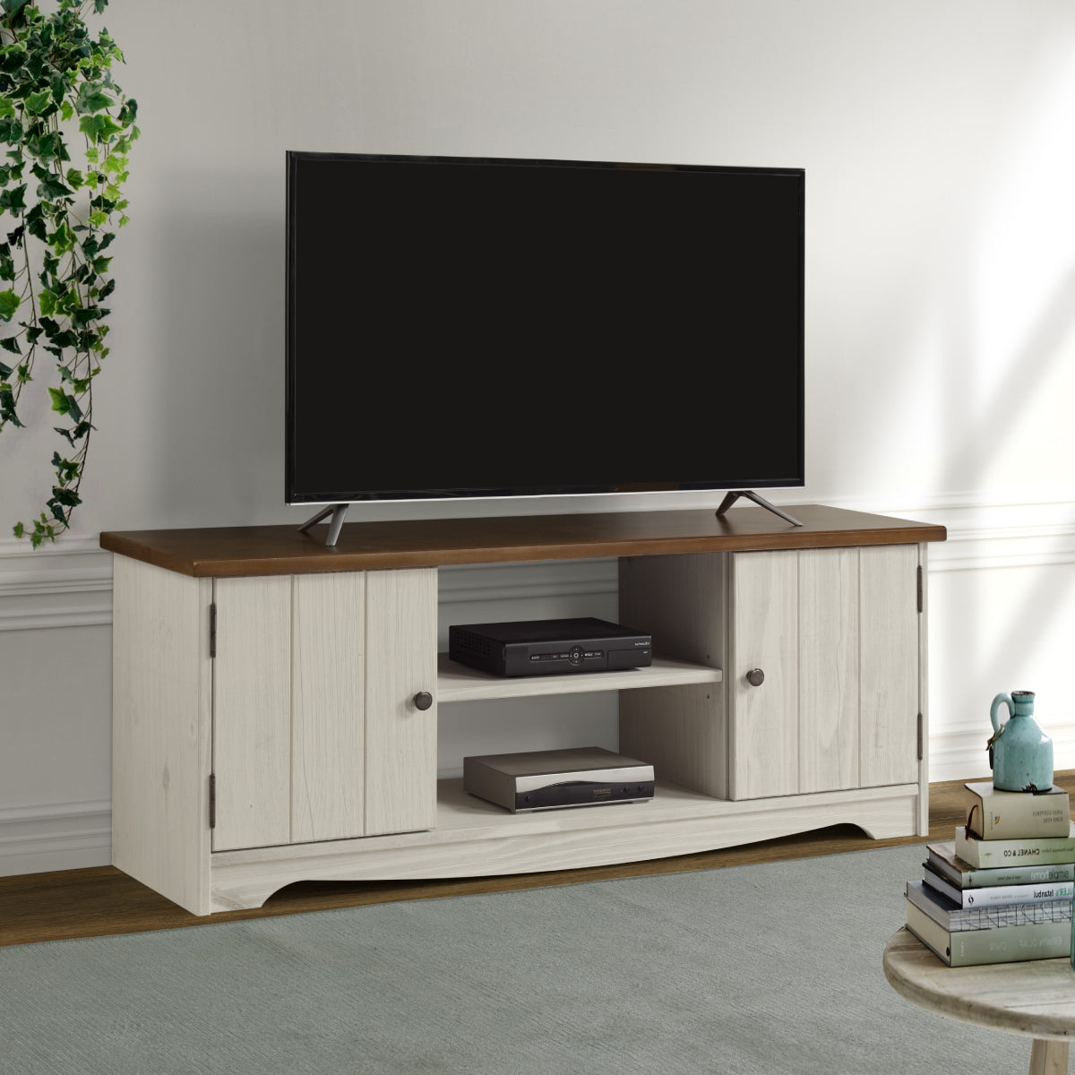 Wood TV Entertainment Stand White Distressed | Furniture Dash