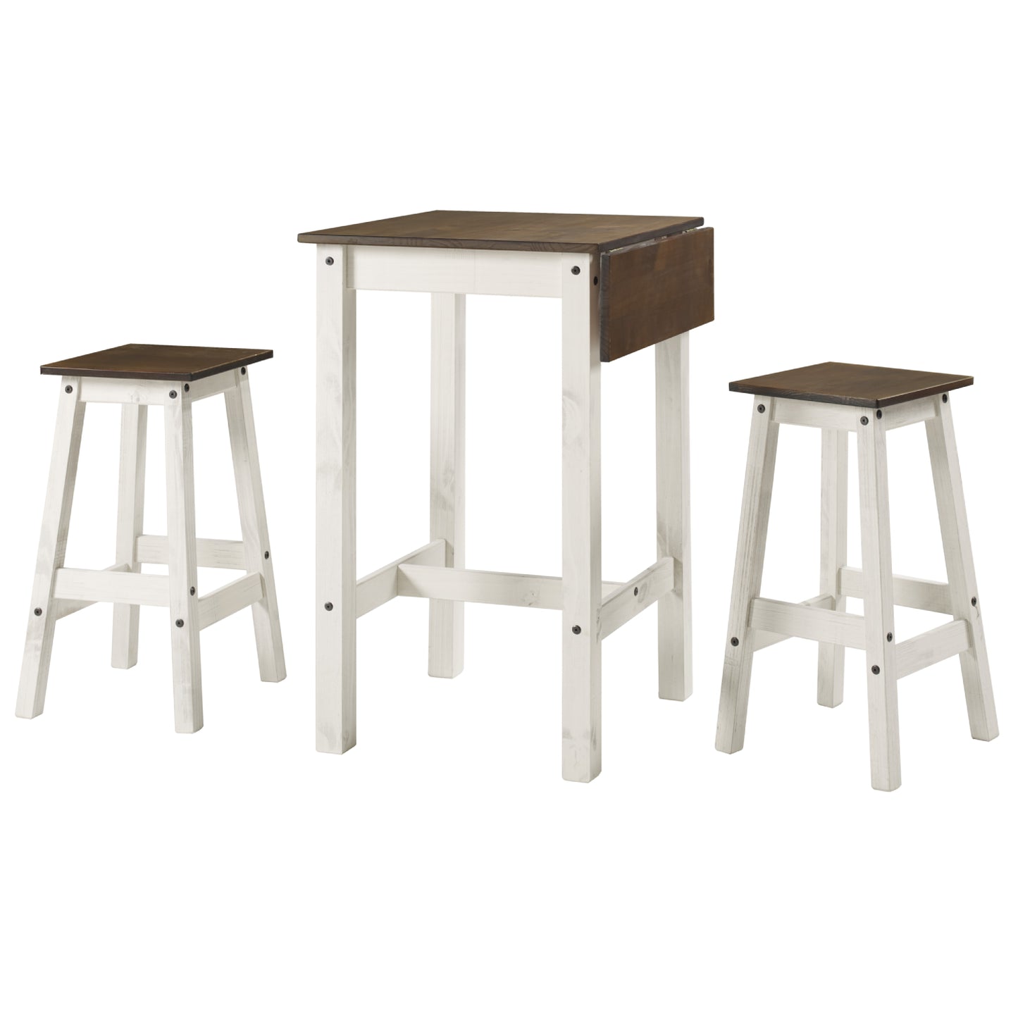 Wood Bar Height Dining Set of Drop Leaf Table and 2 Stools White Distressed | Furniture Dash