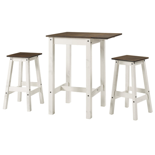 Wood Bar Height Dining Set of Drop Leaf Table and 2 Stools White Distressed | Furniture Dash