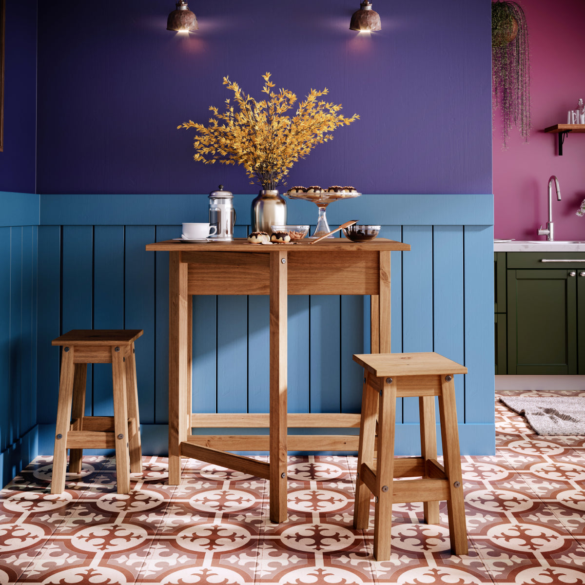 Wood Breakfast Set of Drop Leaf Table and 2 Stools Corona