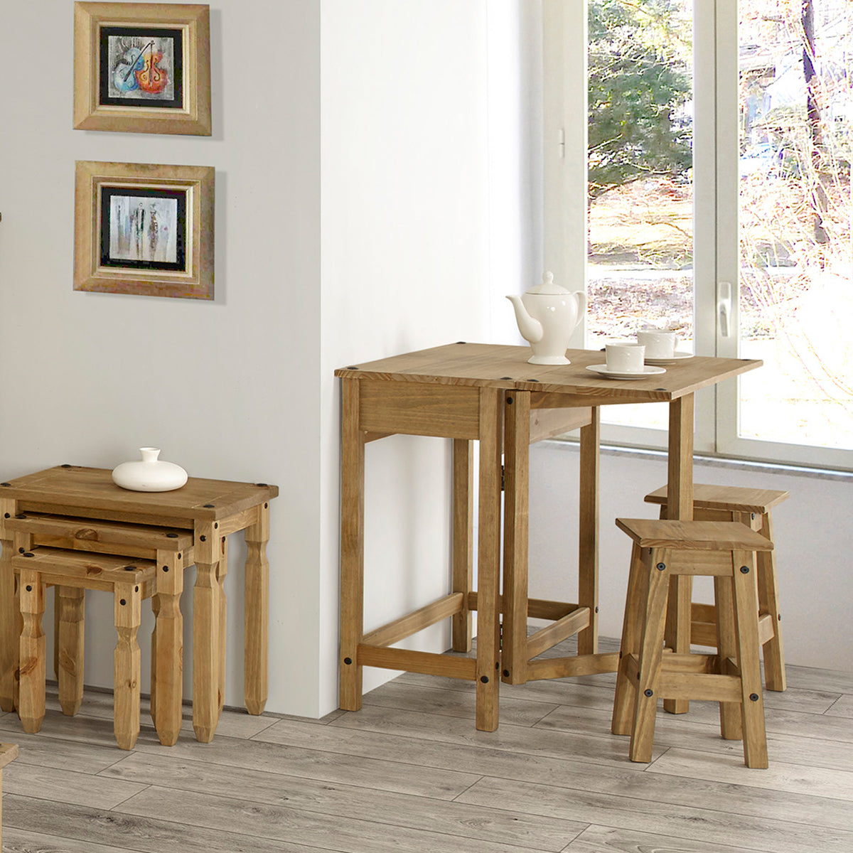 Wood Breakfast Set of Drop Leaf Table and 2 Stools Corona | Furniture Dash