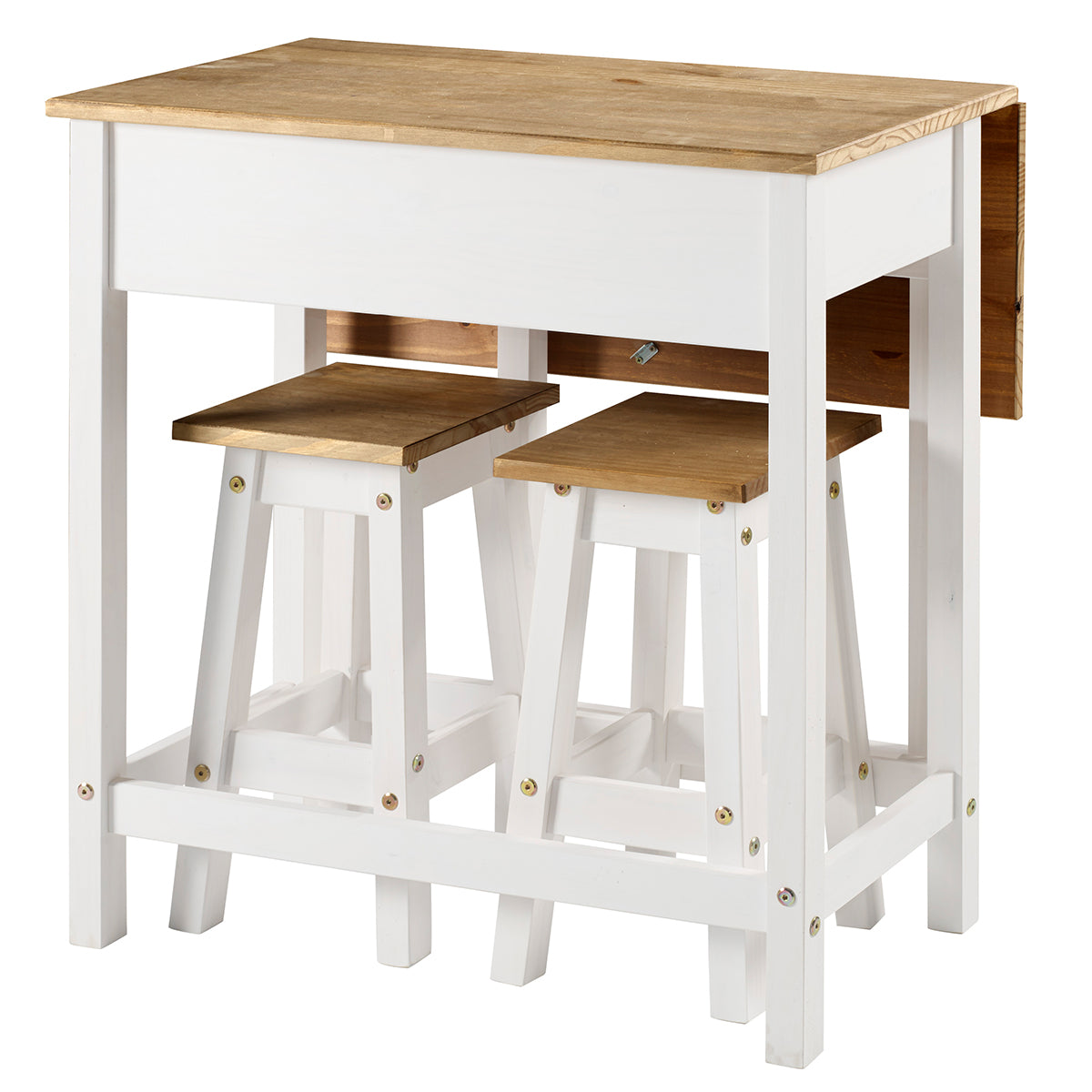 Wood Breakfast Set of Drop Leaf Table and 2 Stools Corona Snow | Furniture Dash