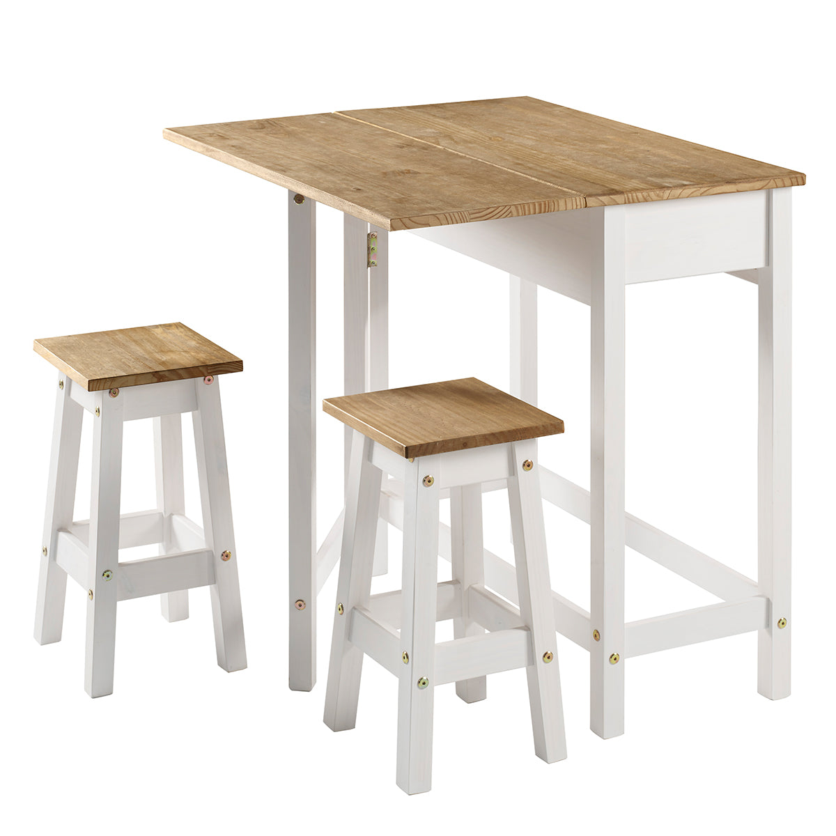 Wood Breakfast Set of Drop Leaf Table and 2 Stools Corona Snow | Furniture Dash