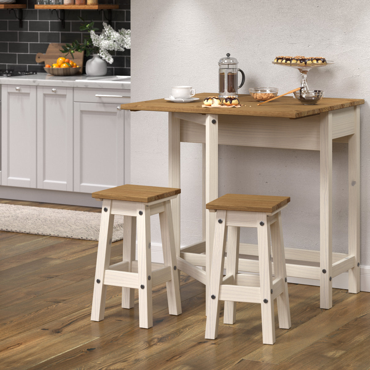 Wood Breakfast Set of Drop Leaf Table and 2 Stools Corona Snow | Furniture Dash