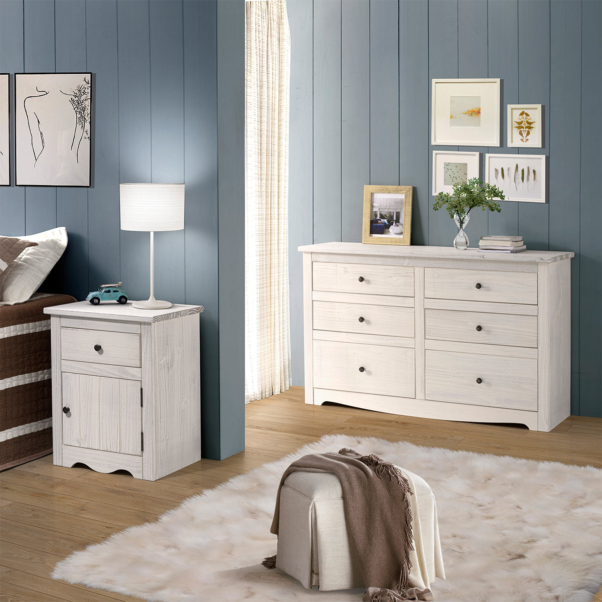 Wood Nightstand 1 Door 1 Drawer White Distressed | Furniture Dash